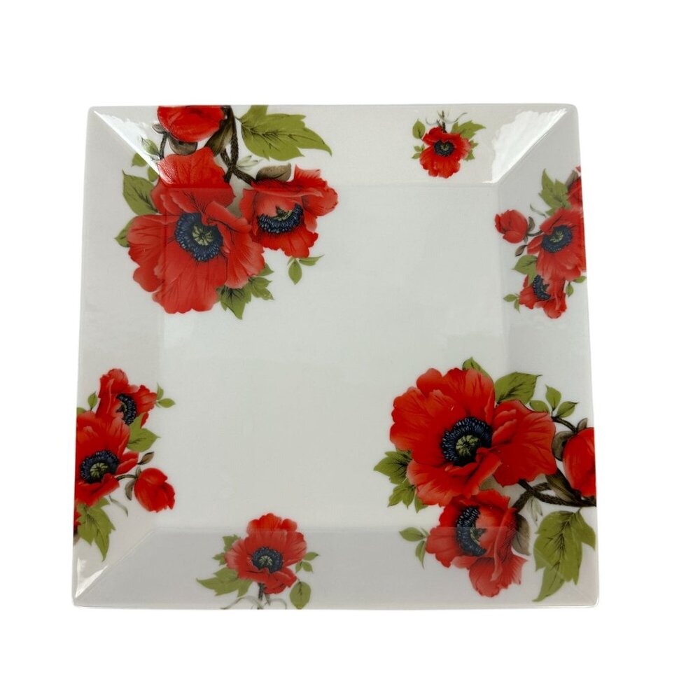 Square Porcelain Plate With Red Poppy Design By Peppertree Tabletops